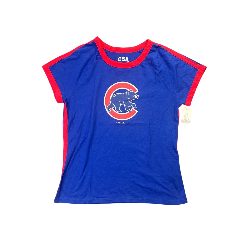 CSA Chicago Cubs MLB Womens Ringer T-Shirt Blue Red Walking Bear Logo Medium